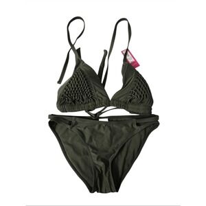 Xhilaration Olive Green Macrame Triangle Bikini Set Top D/DD Bottoms Medium NWT
